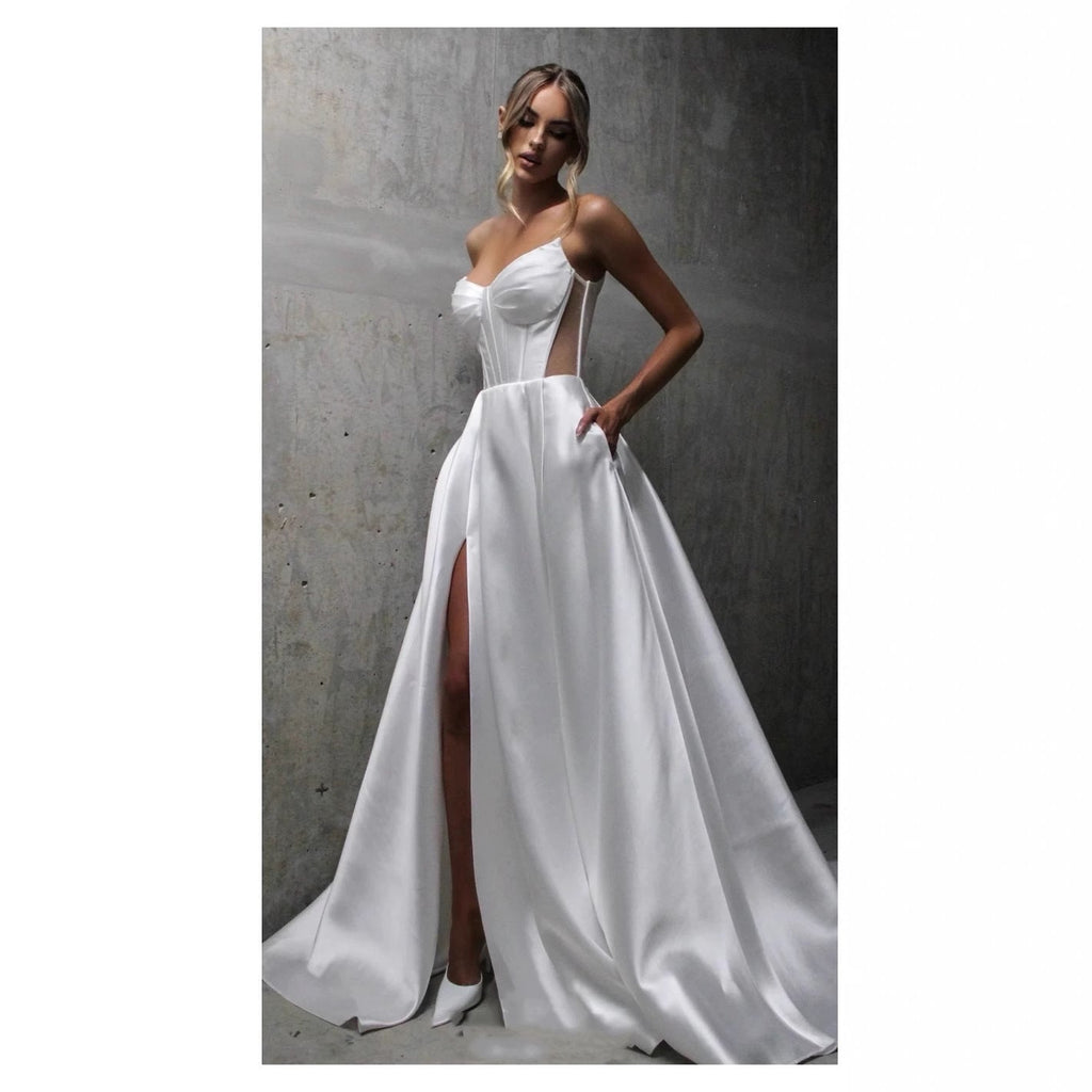 Satin Wedding Gown with Slit & Side Pockets - Luzilly Bridal & Apparel