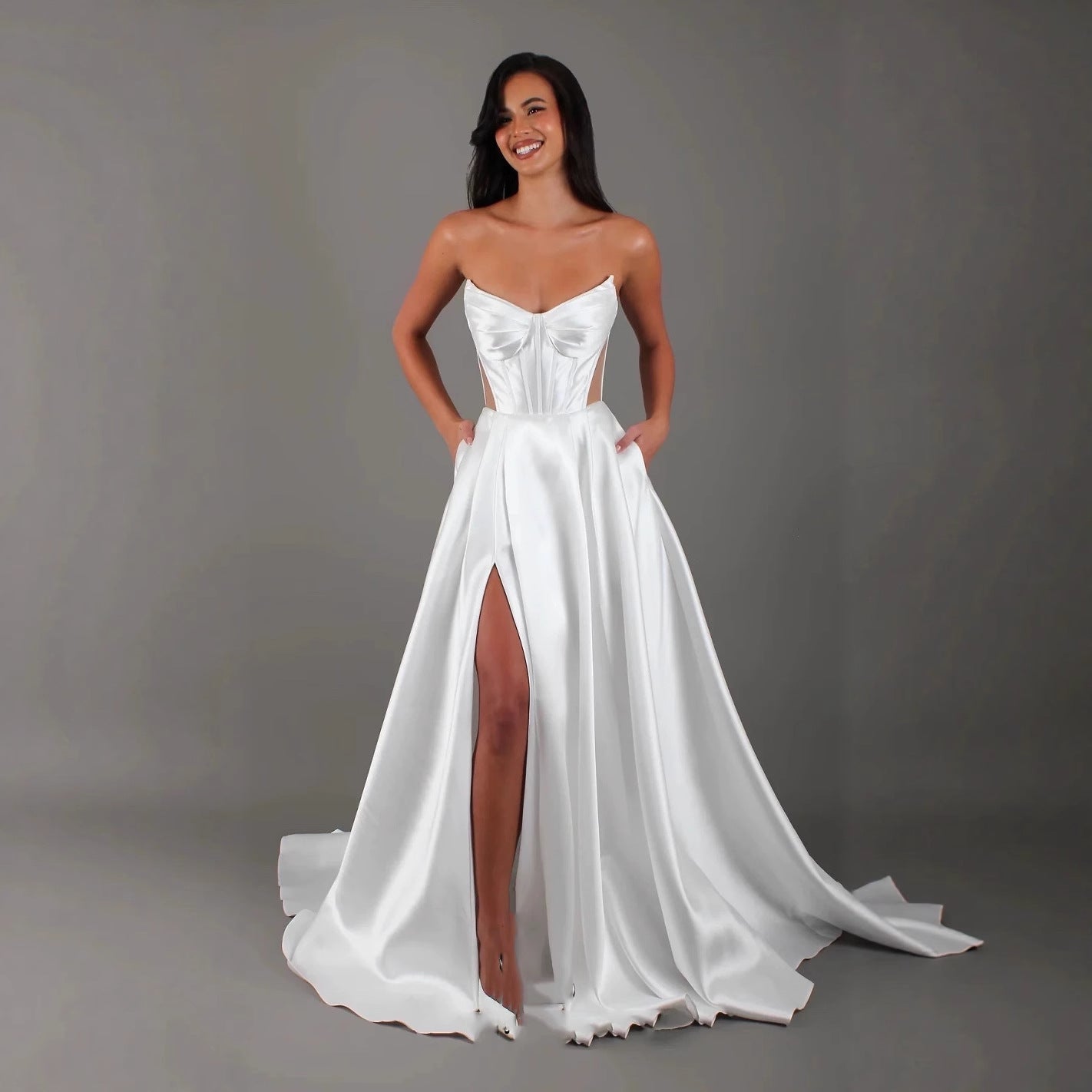 Satin Wedding Gown with Slit & Side Pockets - Luzilly Bridal & Apparel