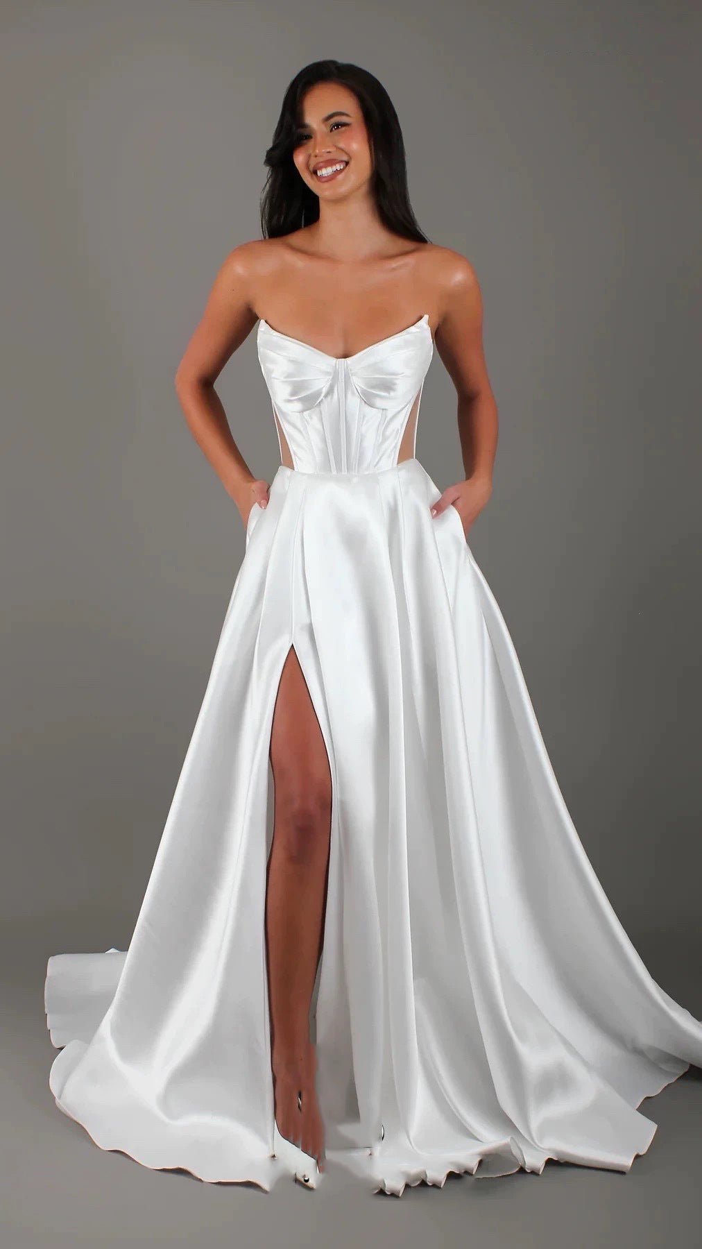Satin Wedding Gown with Slit & Side Pockets - Luzilly Bridal & Apparel