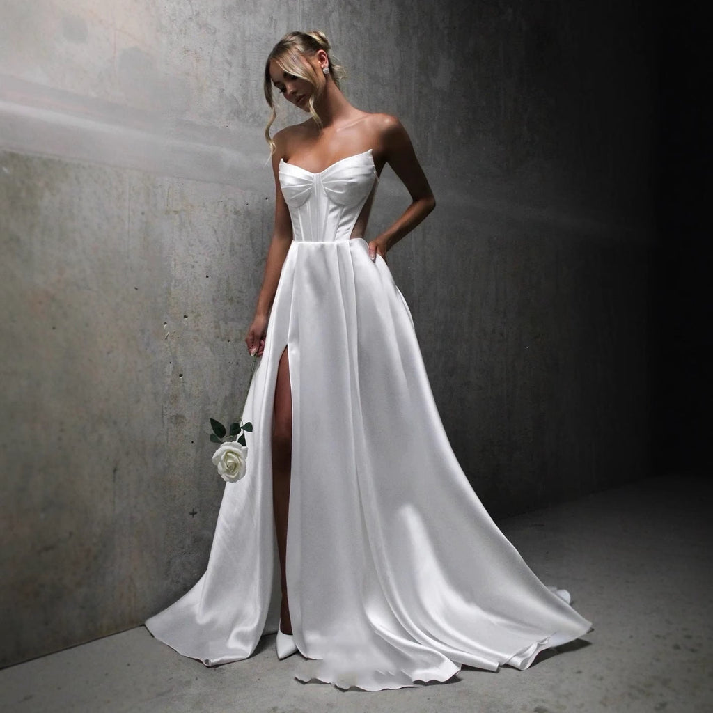Satin Wedding Gown with Slit & Side Pockets - Luzilly Bridal & Apparel