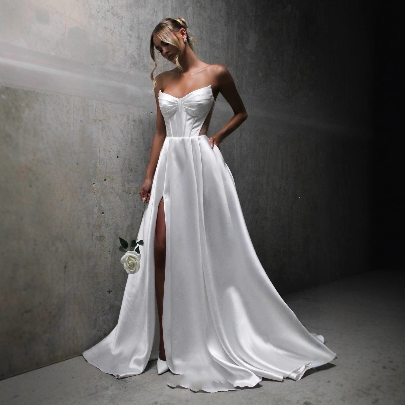 Satin Wedding Gown with Slit & Side Pockets - Luzilly Bridal & Apparel