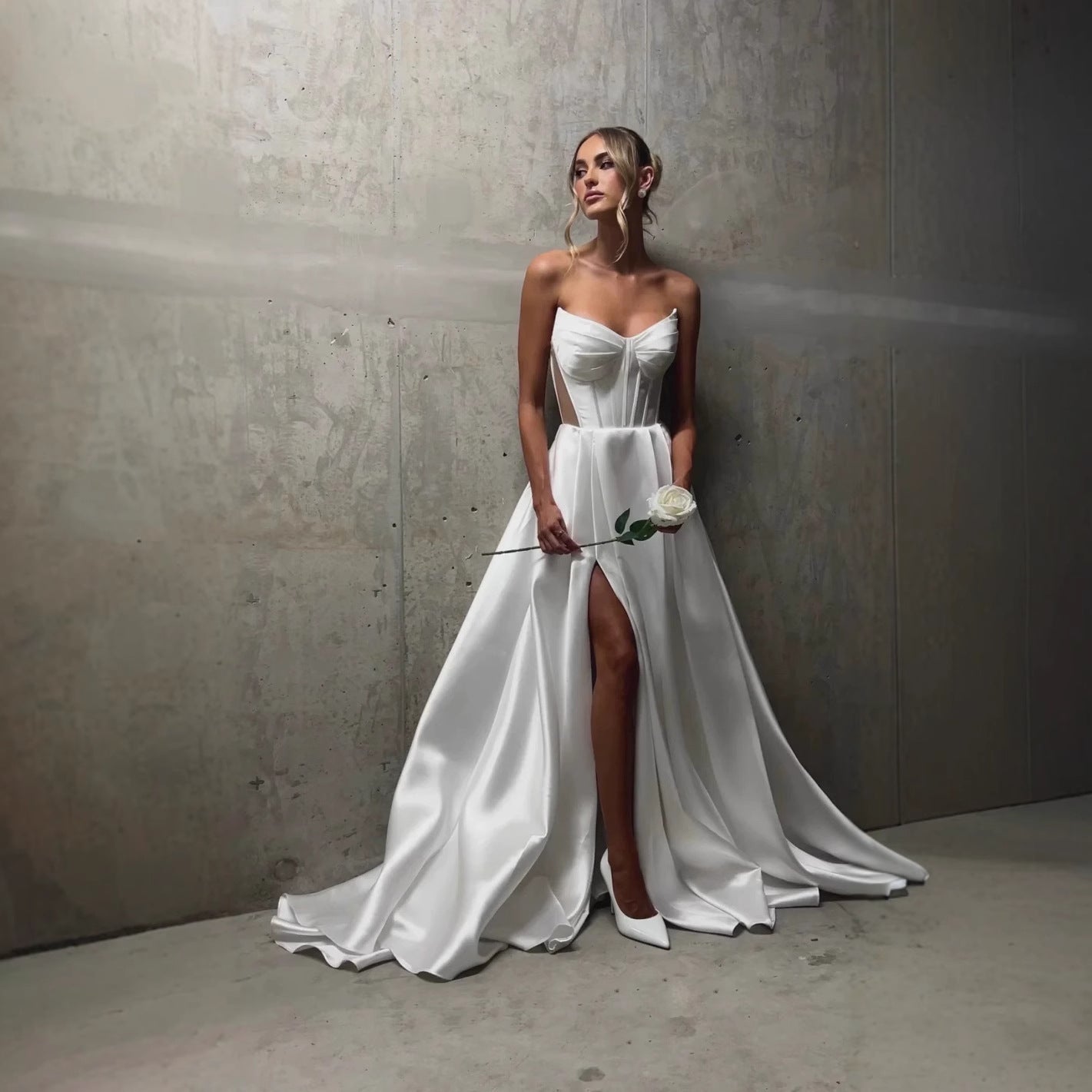 Satin Wedding Gown with Slit & Side Pockets - Luzilly Bridal & Apparel