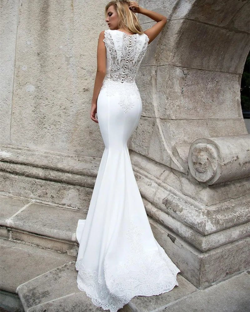 Scalloped Beaded Satin Mermaid Wedding Dress with Cathedral Train - Luzilly Bridal & Apparel