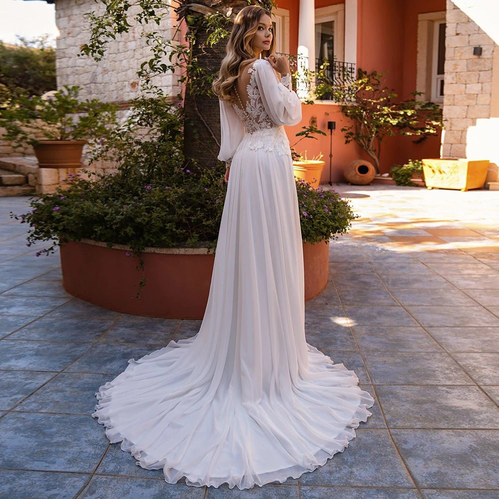 Scoop-Neck Puffy-Sleeve Lace Chiffon Boho Wedding Dress - Luzilly Bridal & Apparel