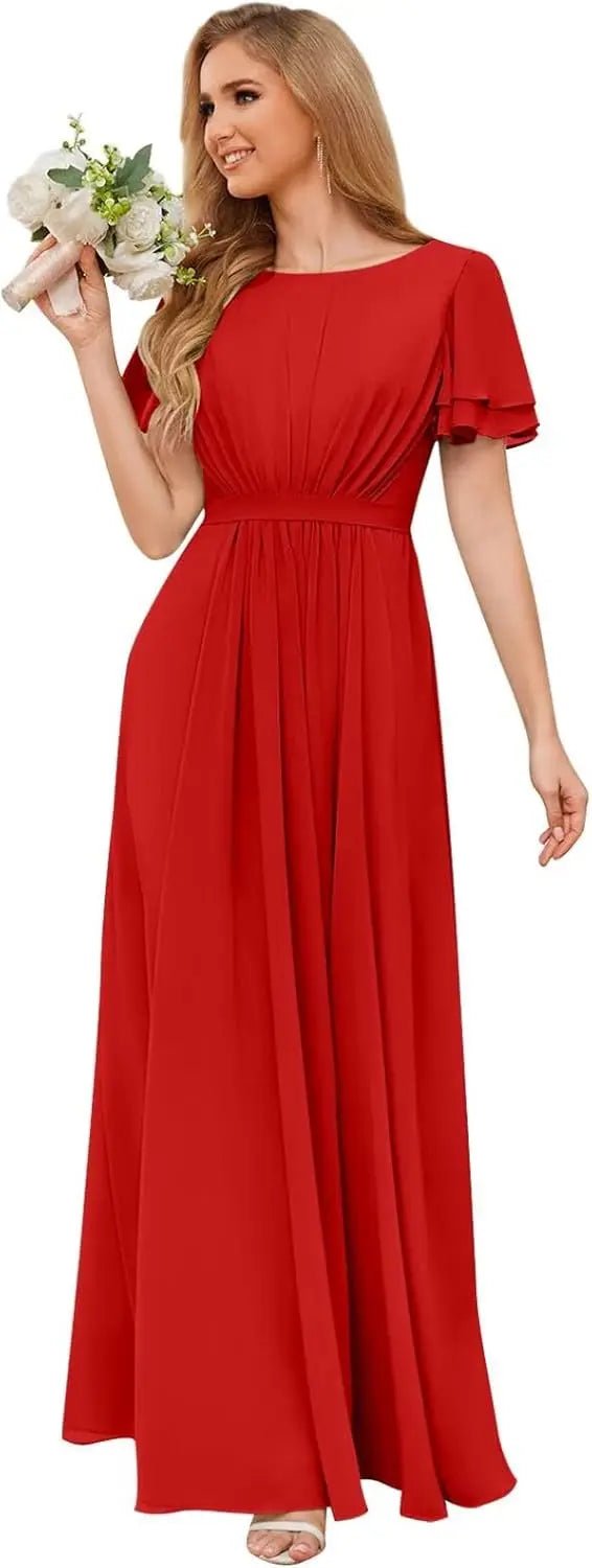 Scoop-Neck Short-Sleeve Pleated Chiffon Bridesmaid Dress - Luzilly Bridal & Apparel