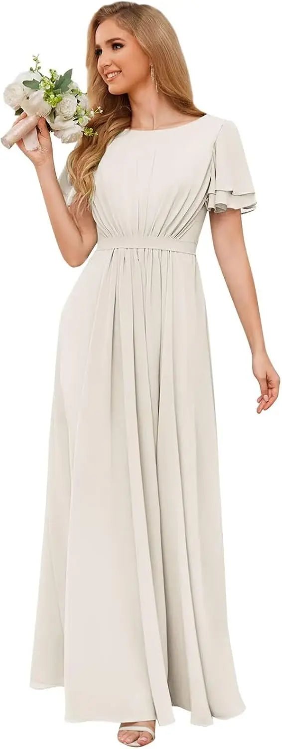 Scoop-Neck Short-Sleeve Pleated Chiffon Bridesmaid Dress - Luzilly Bridal & Apparel