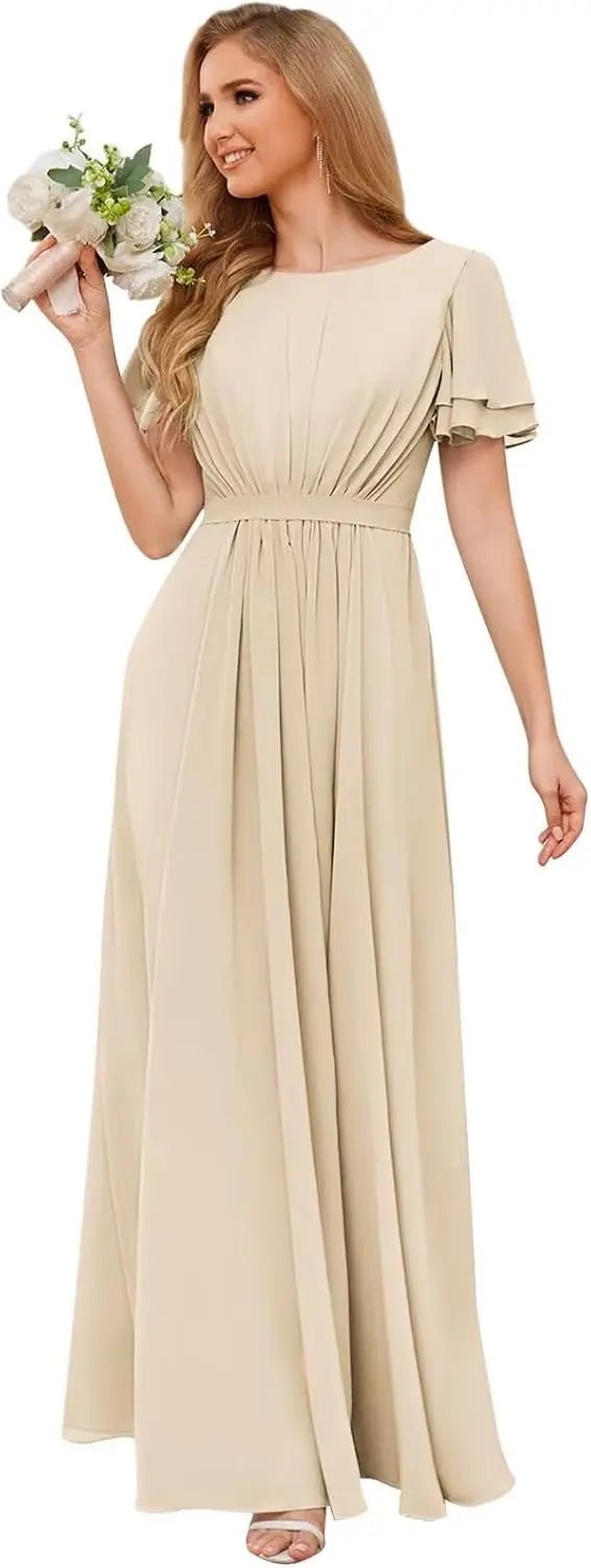 Scoop-Neck Short-Sleeve Pleated Chiffon Bridesmaid Dress - Luzilly Bridal & Apparel