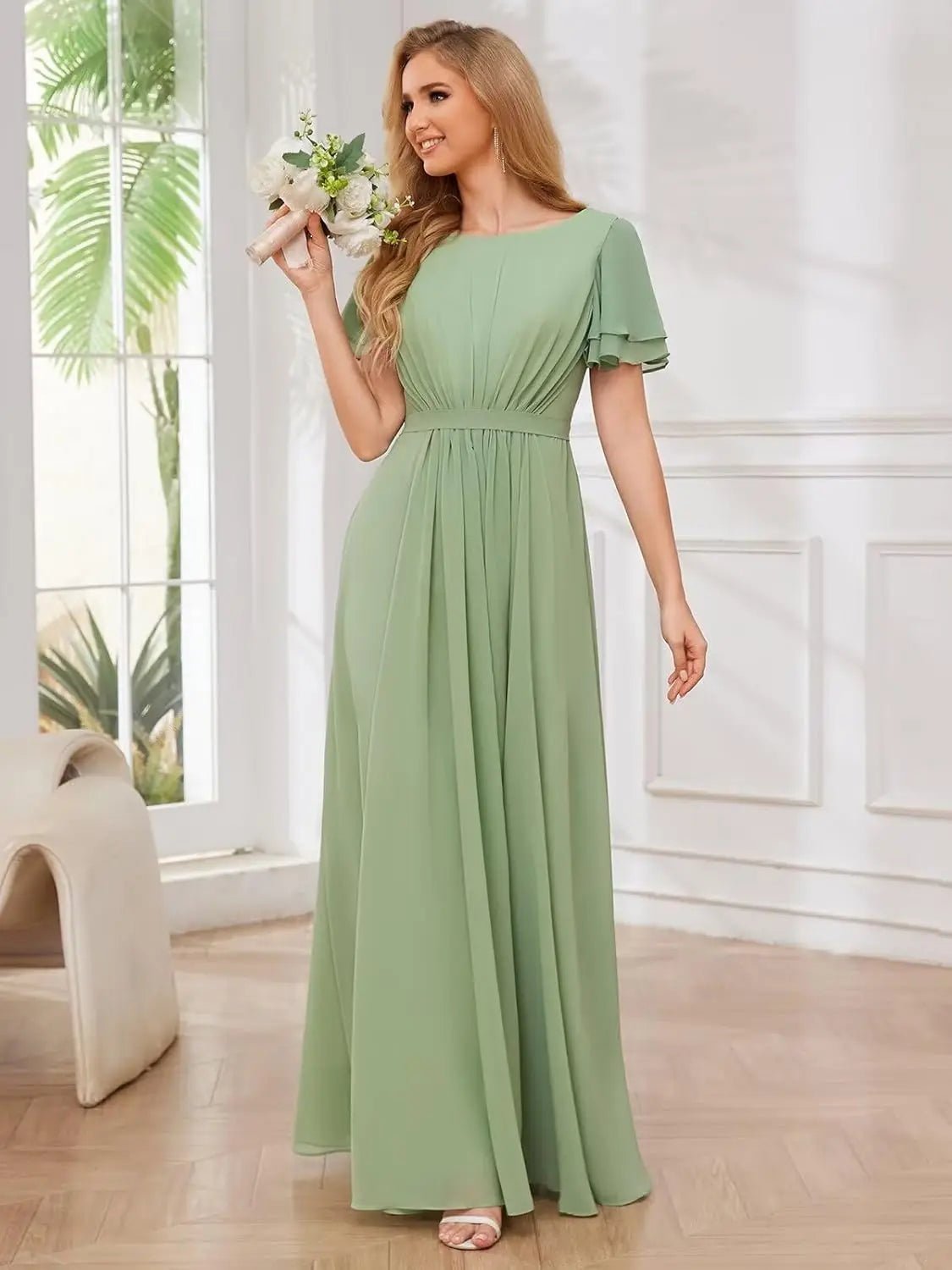 Scoop-Neck Short-Sleeve Pleated Chiffon Bridesmaid Dress - Luzilly Bridal & Apparel