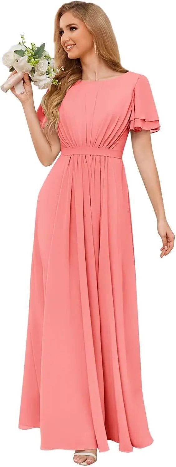 Scoop-Neck Short-Sleeve Pleated Chiffon Bridesmaid Dress - Luzilly Bridal & Apparel