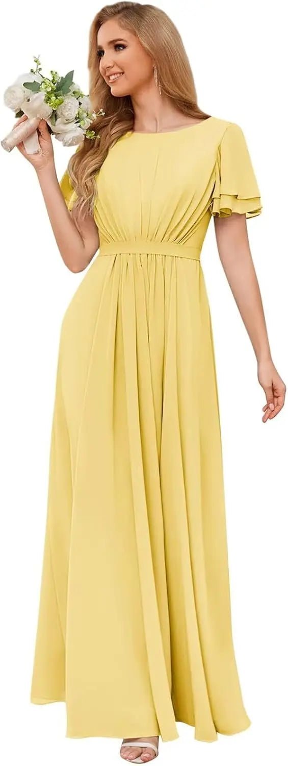 Scoop-Neck Short-Sleeve Pleated Chiffon Bridesmaid Dress - Luzilly Bridal & Apparel