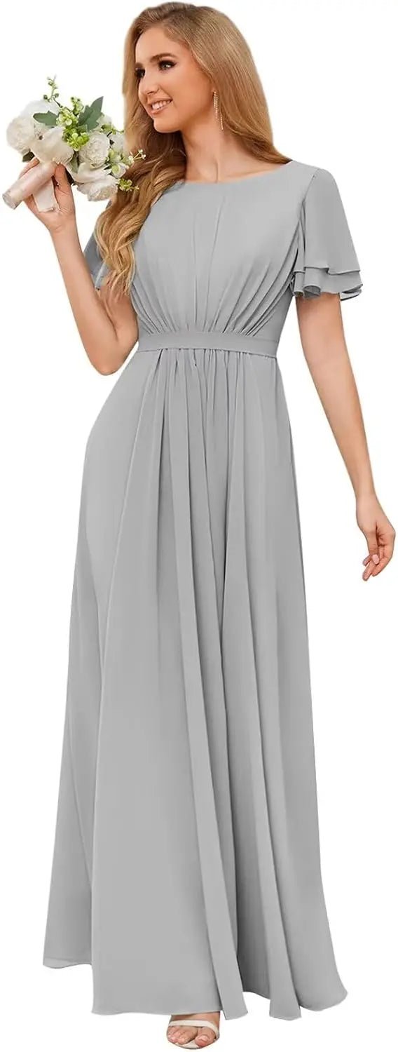 Scoop-Neck Short-Sleeve Pleated Chiffon Bridesmaid Dress - Luzilly Bridal & Apparel