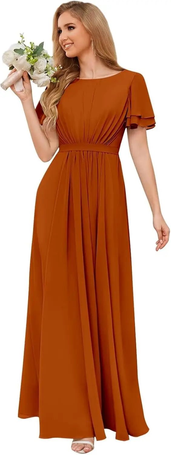 Scoop-Neck Short-Sleeve Pleated Chiffon Bridesmaid Dress - Luzilly Bridal & Apparel
