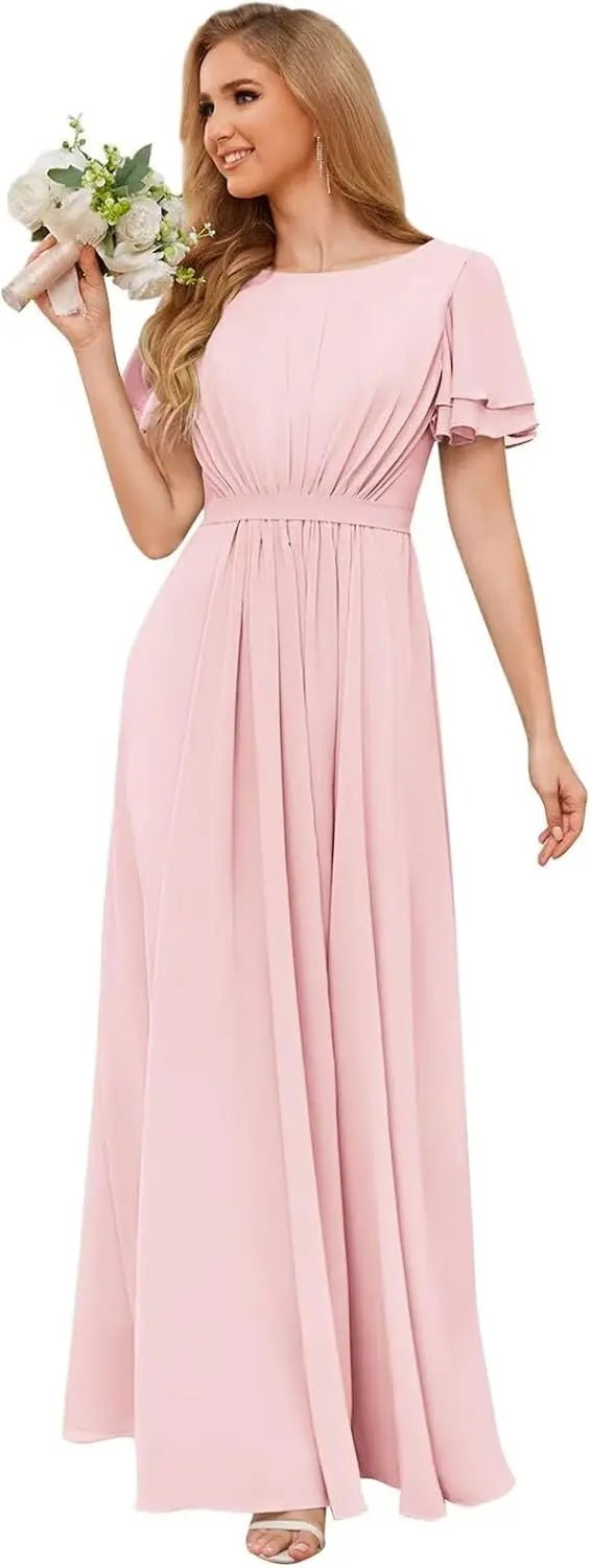 Scoop-Neck Short-Sleeve Pleated Chiffon Bridesmaid Dress - Luzilly Bridal & Apparel