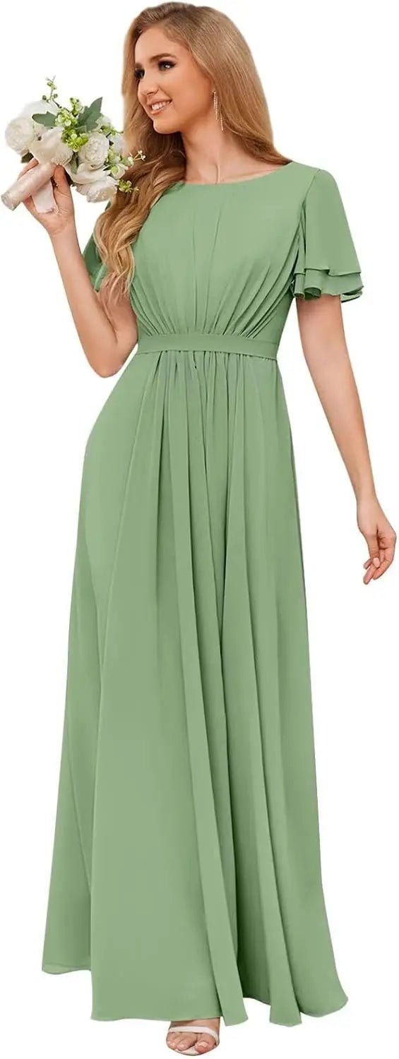 Scoop-Neck Short-Sleeve Pleated Chiffon Bridesmaid Dress - Luzilly Bridal & Apparel