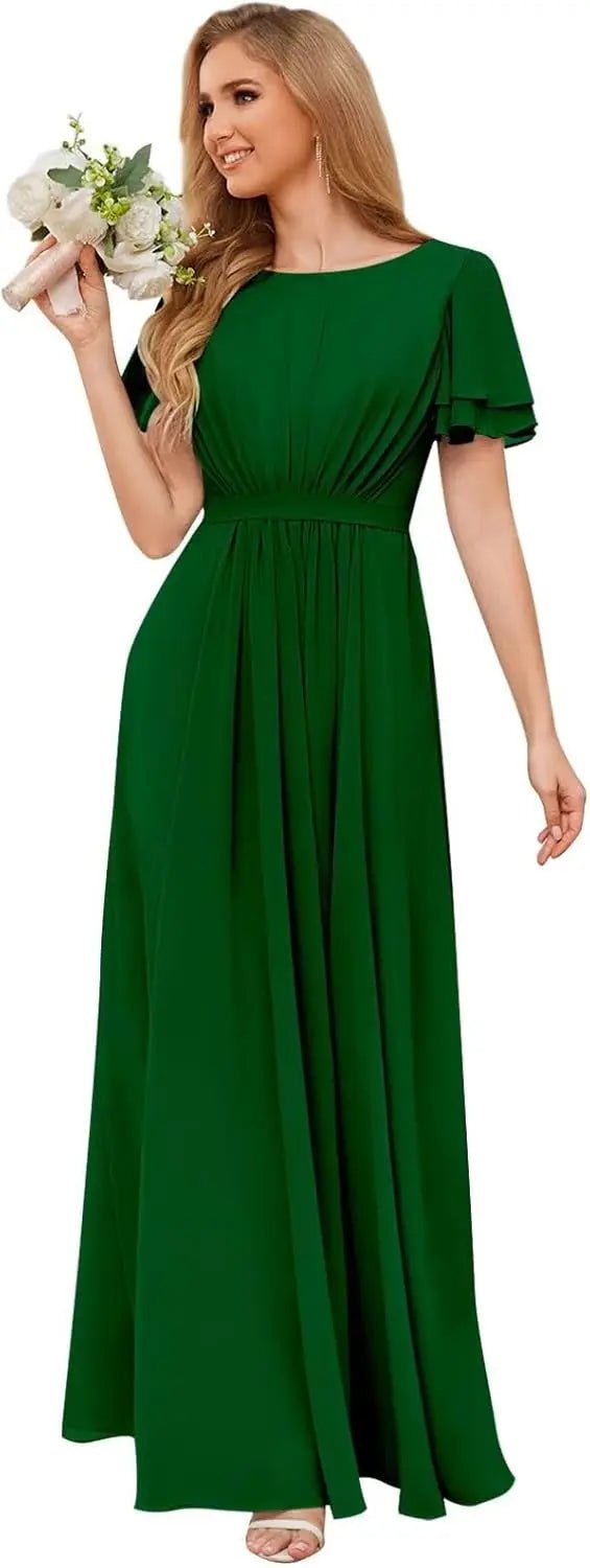 Scoop-Neck Short-Sleeve Pleated Chiffon Bridesmaid Dress - Luzilly Bridal & Apparel