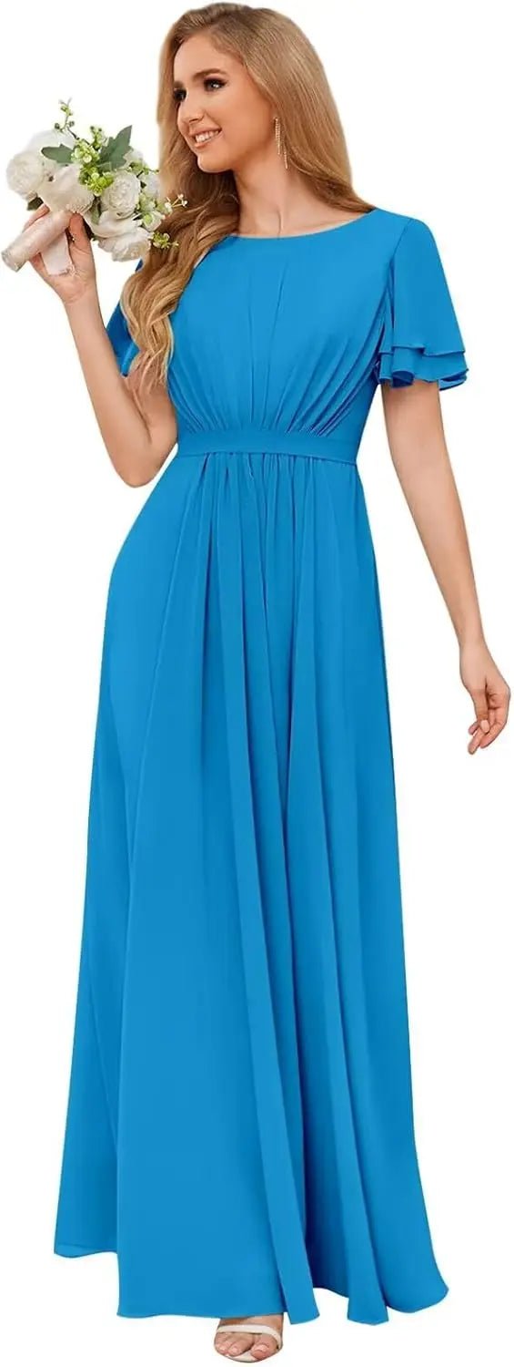 Scoop-Neck Short-Sleeve Pleated Chiffon Bridesmaid Dress - Luzilly Bridal & Apparel