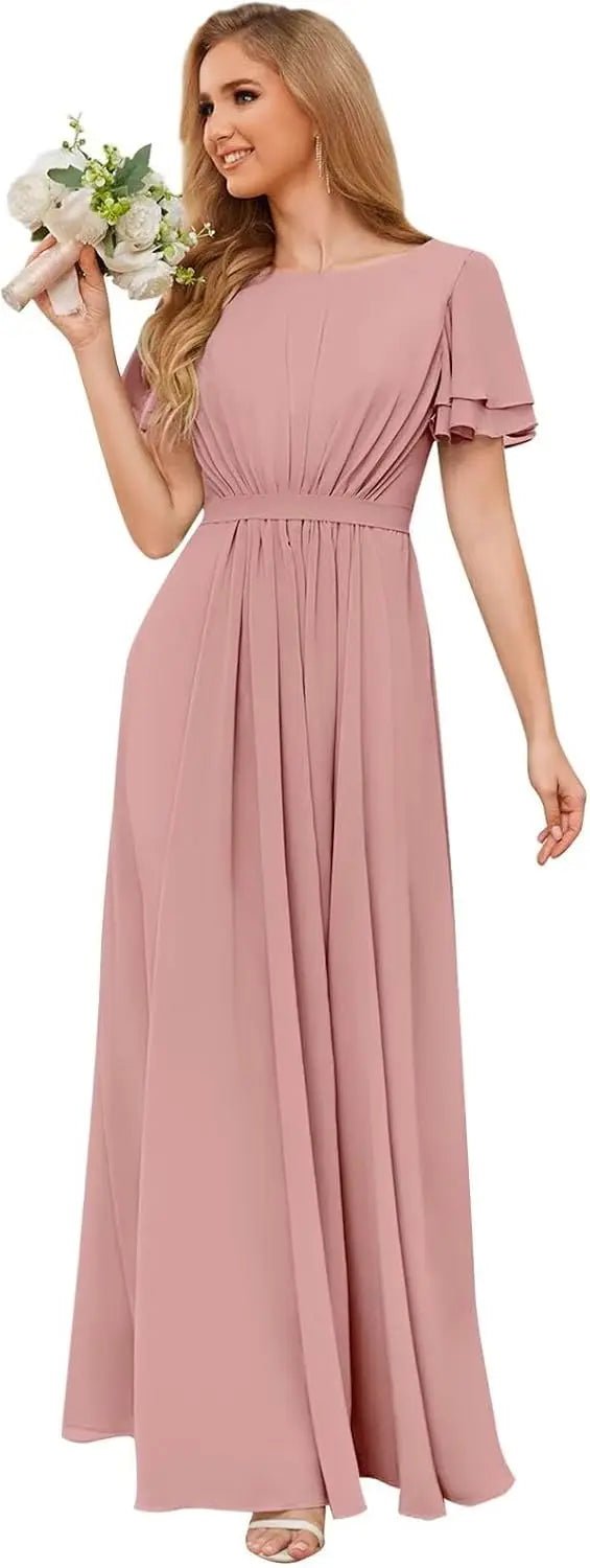 Scoop-Neck Short-Sleeve Pleated Chiffon Bridesmaid Dress - Luzilly Bridal & Apparel