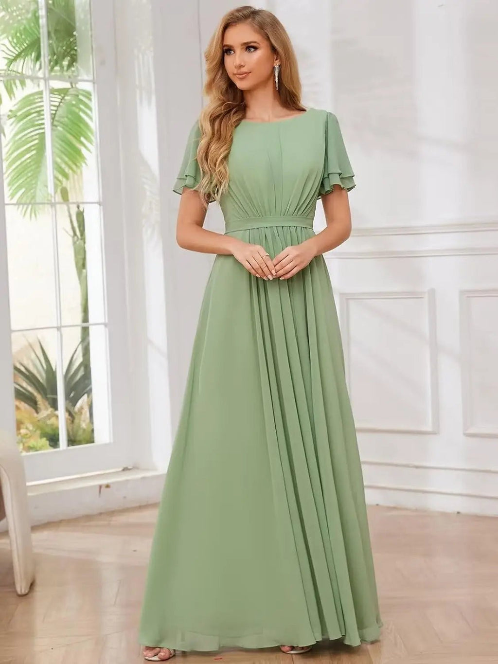 Scoop-Neck Short-Sleeve Pleated Chiffon Bridesmaid Dress - Luzilly Bridal & Apparel
