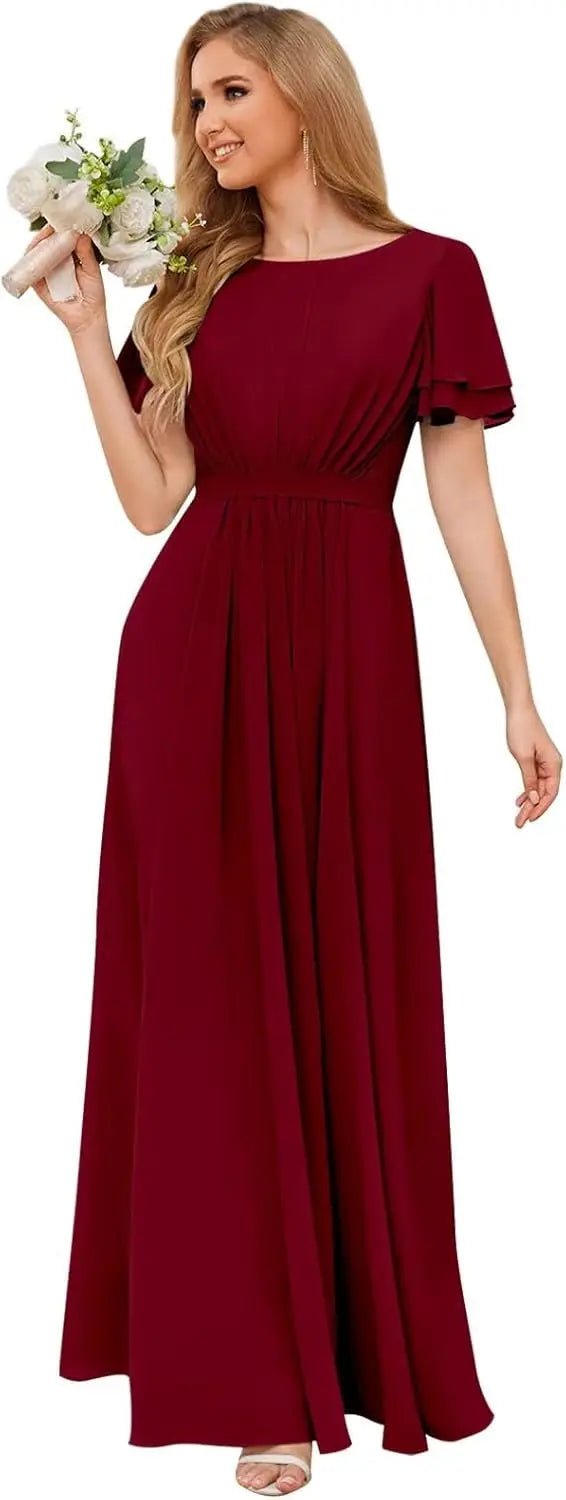Scoop-Neck Short-Sleeve Pleated Chiffon Bridesmaid Dress - Luzilly Bridal & Apparel