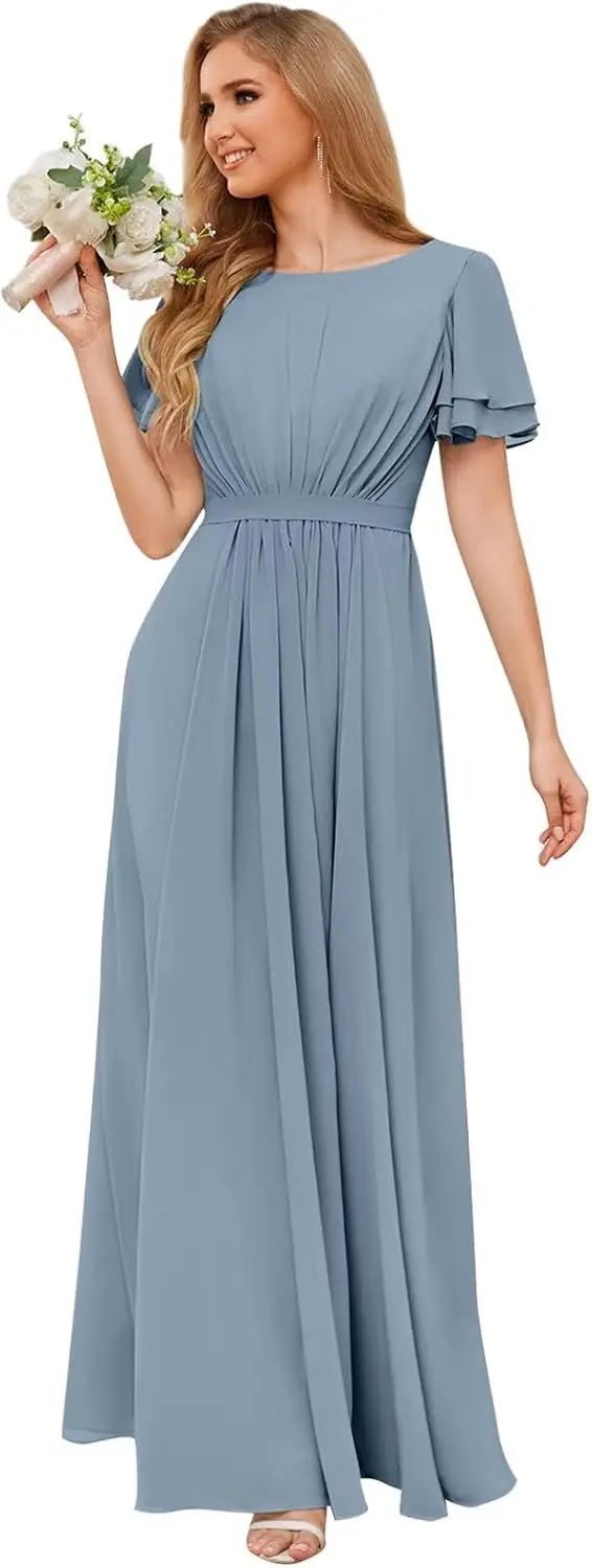 Scoop-Neck Short-Sleeve Pleated Chiffon Bridesmaid Dress - Luzilly Bridal & Apparel