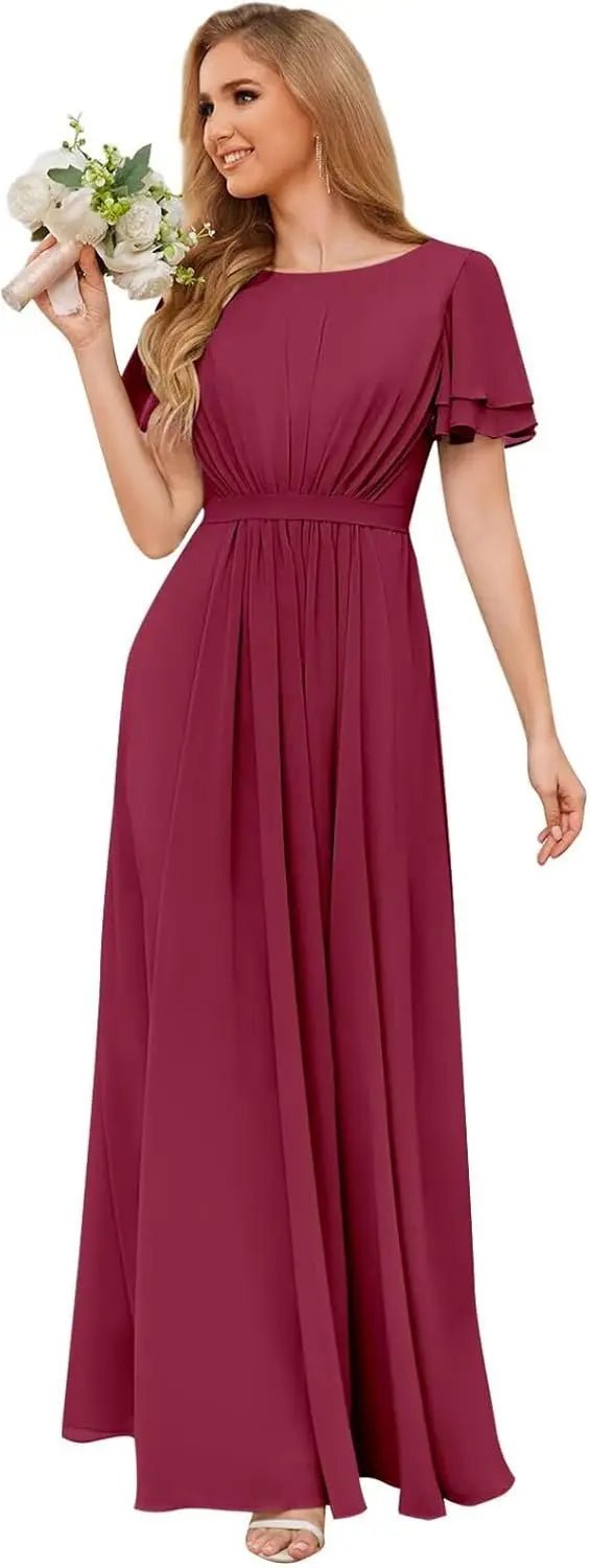 Scoop-Neck Short-Sleeve Pleated Chiffon Bridesmaid Dress - Luzilly Bridal & Apparel