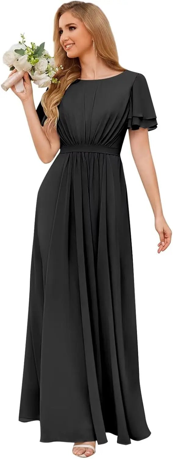Scoop-Neck Short-Sleeve Pleated Chiffon Bridesmaid Dress - Luzilly Bridal & Apparel