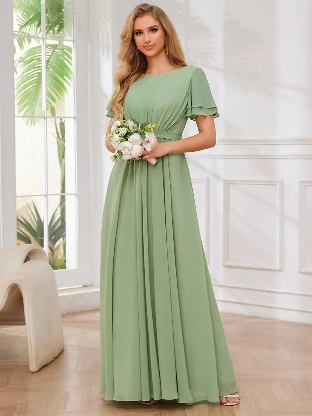 Scoop-Neck Short-Sleeve Pleated Chiffon Bridesmaid Dress - Luzilly Bridal & Apparel