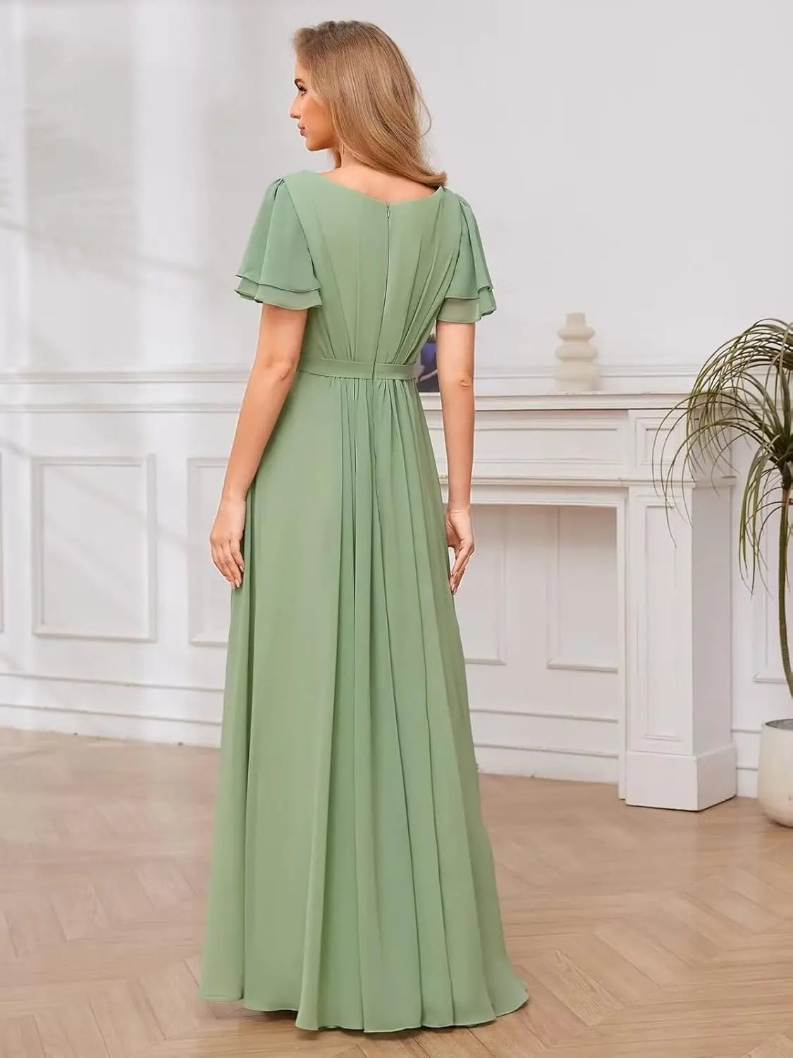 Scoop-Neck Short-Sleeve Pleated Chiffon Bridesmaid Dress - Luzilly Bridal & Apparel