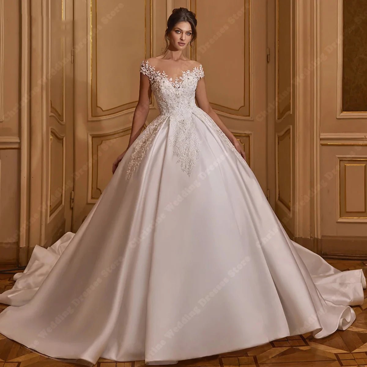 Sequin Beaded Satin Ball Gown Wedding Dress - Luzilly Bridal & Apparel