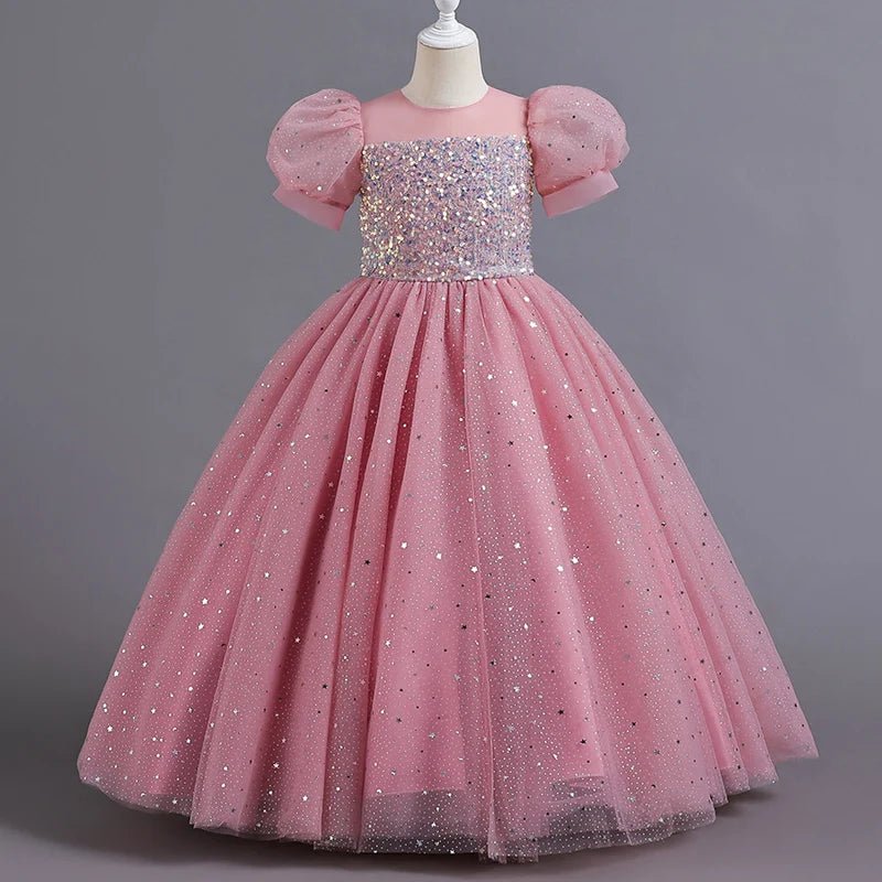 Sequin Bubble-Sleeve Mesh Flower Girl Dress - Luzilly Bridal & Apparel