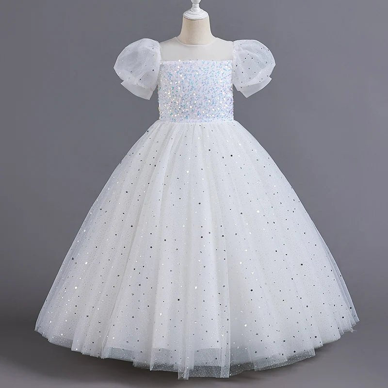 Sequin Bubble-Sleeve Mesh Flower Girl Dress - Luzilly Bridal & Apparel