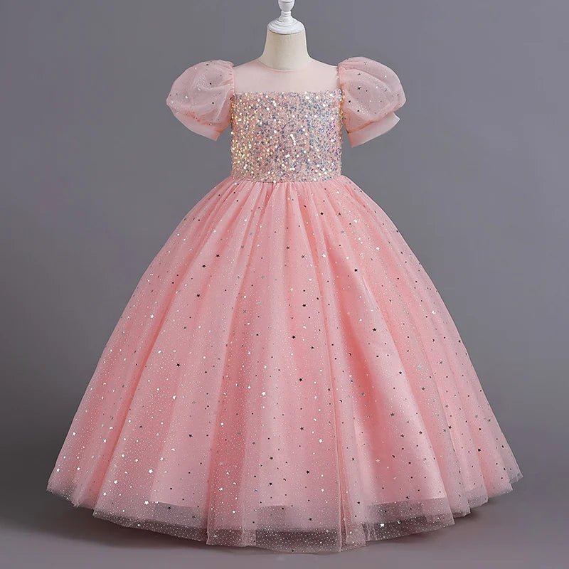 Sequin Bubble-Sleeve Mesh Flower Girl Dress - Luzilly Bridal & Apparel