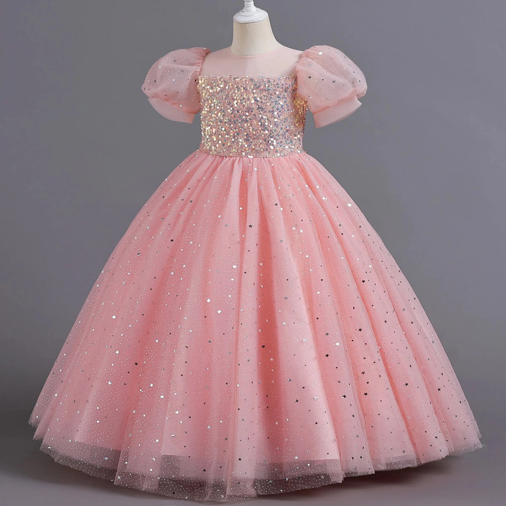 Sequin Bubble-Sleeve Mesh Flower Girl Dress - Luzilly Bridal & Apparel