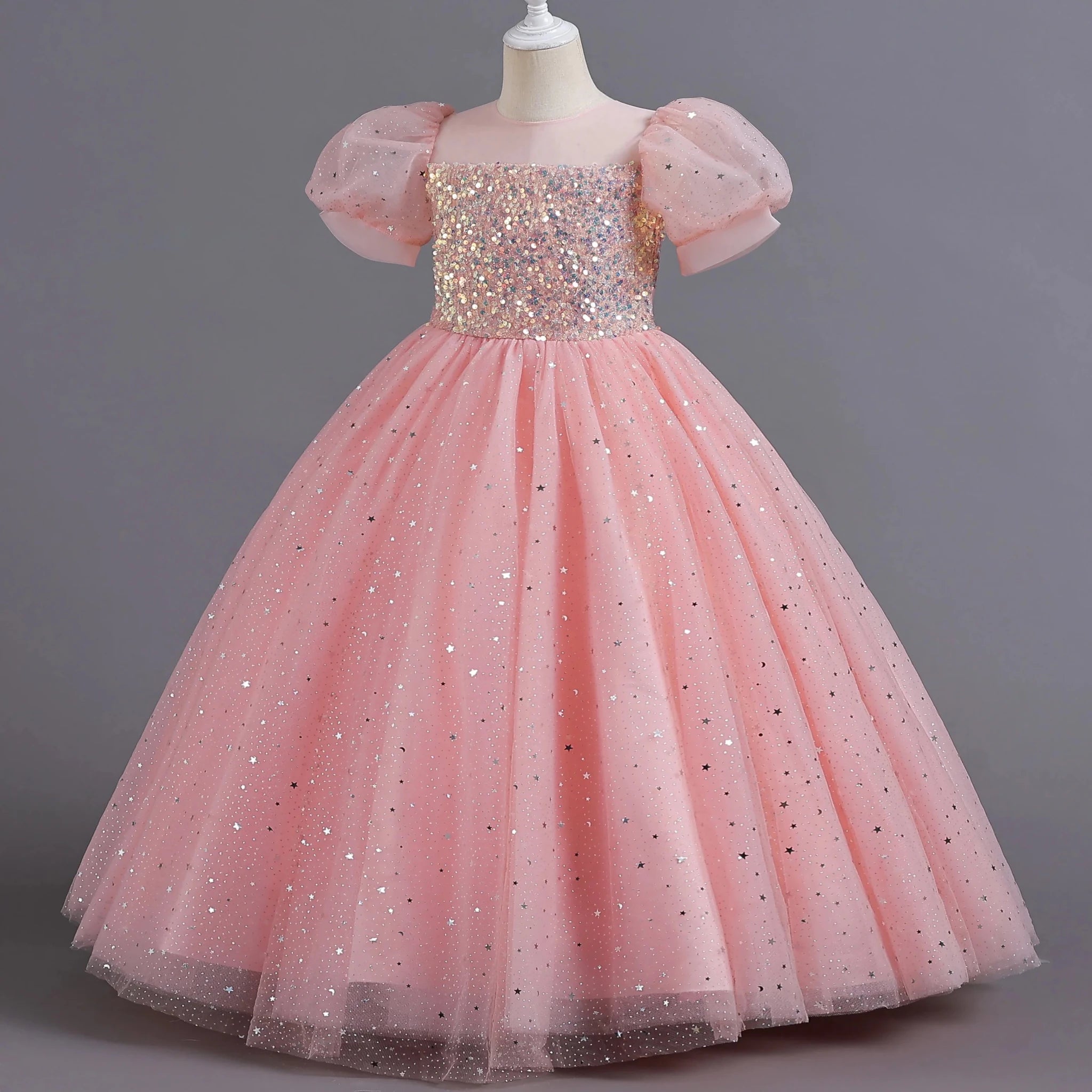 Sequin Bubble-Sleeve Mesh Flower Girl Dress - Luzilly Bridal & Apparel