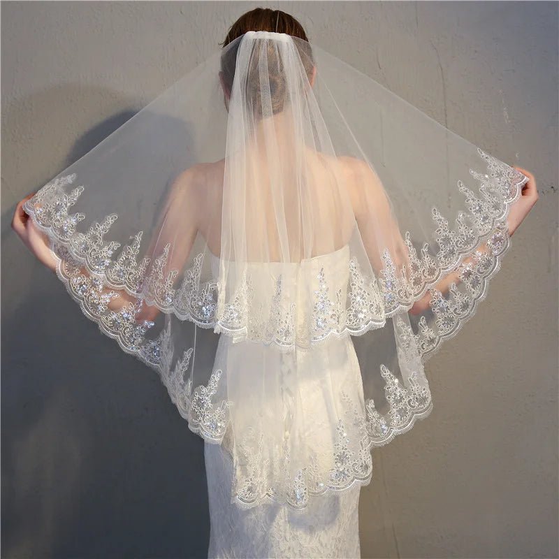 Sequin Edge Two-Tier Fingertip Wedding Veil - Luzilly Bridal & Apparel