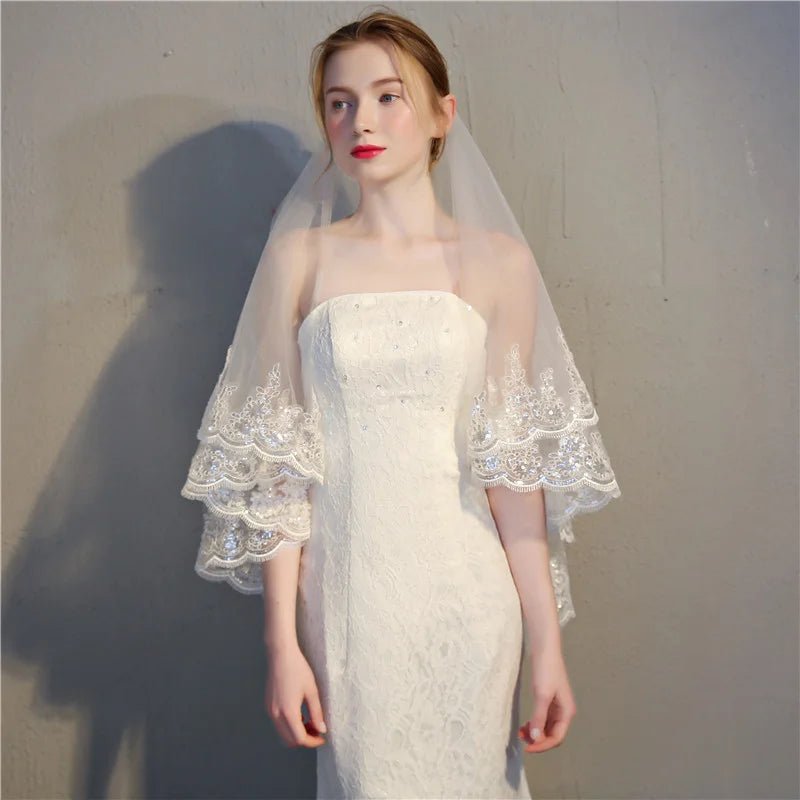 Sequin Edge Two-Tier Fingertip Wedding Veil - Luzilly Bridal & Apparel