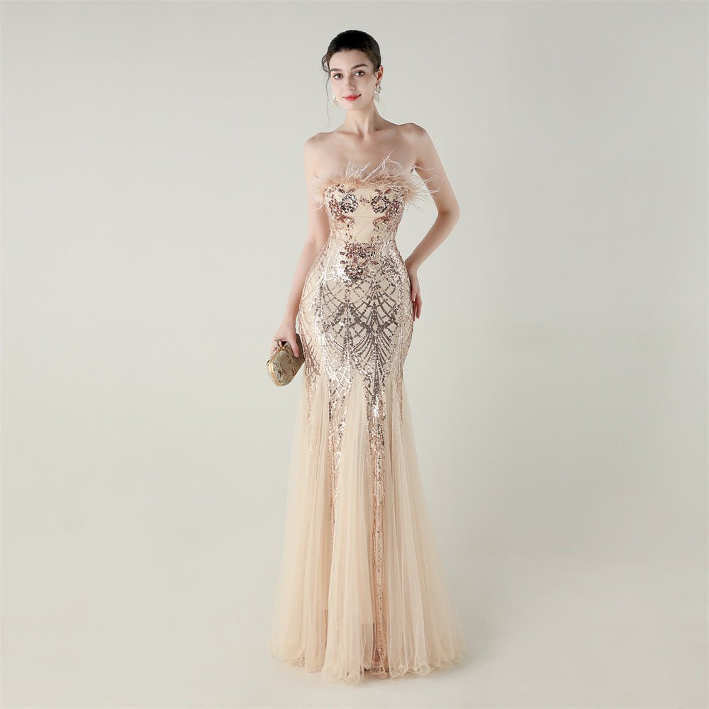 Sequin & Feather Strapless Fishtail Dress - Luzilly Bridal & Apparel