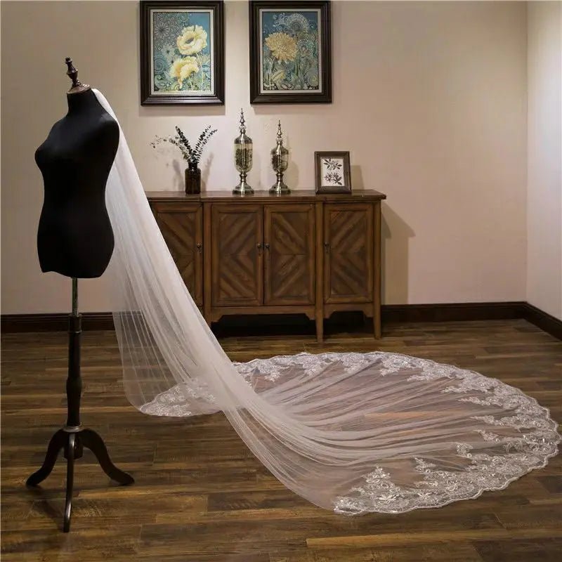 Sequin Lace Appliqué Cathedral Wedding Veil - Luzilly Bridal & Apparel