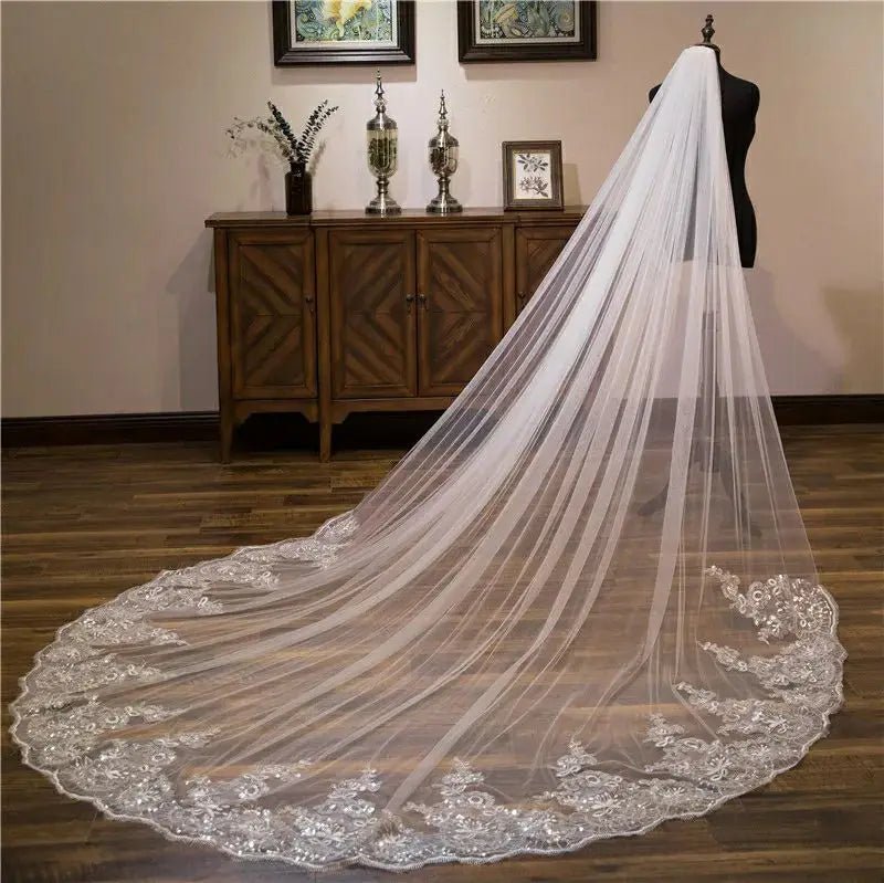 Sequin Lace Appliqué Cathedral Wedding Veil - Luzilly Bridal & Apparel