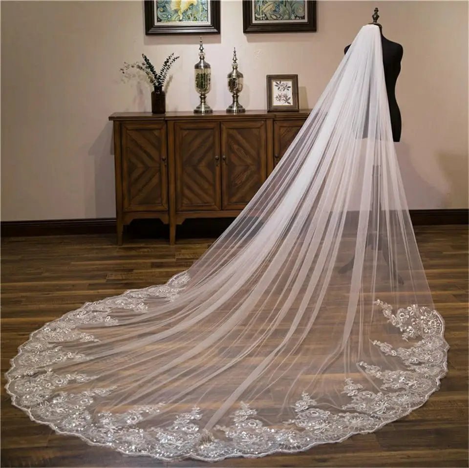 Sequin Lace Appliqué Cathedral Wedding Veil - Luzilly Bridal & Apparel