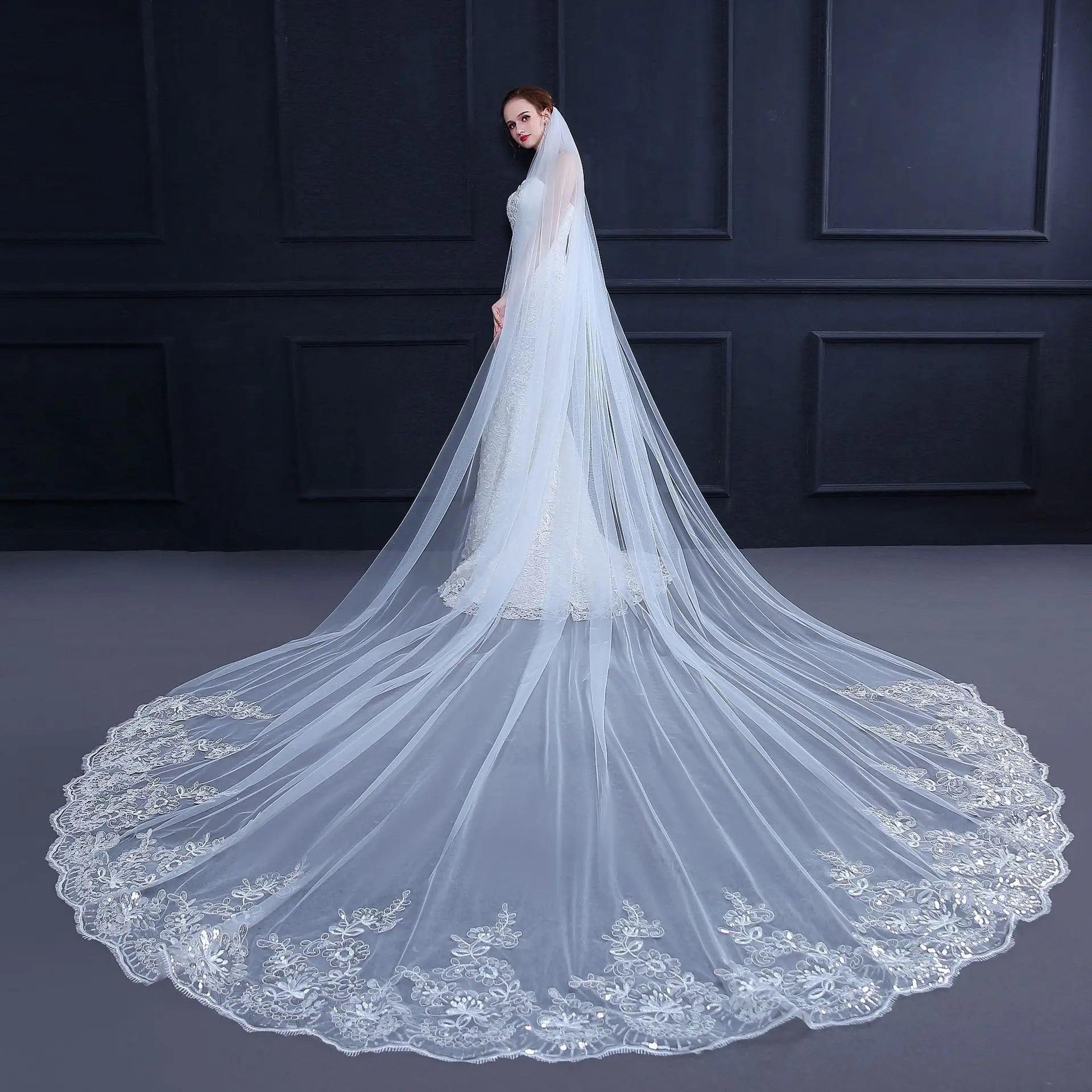 Sequin Lace Appliqué Cathedral Wedding Veil - Luzilly Bridal & Apparel