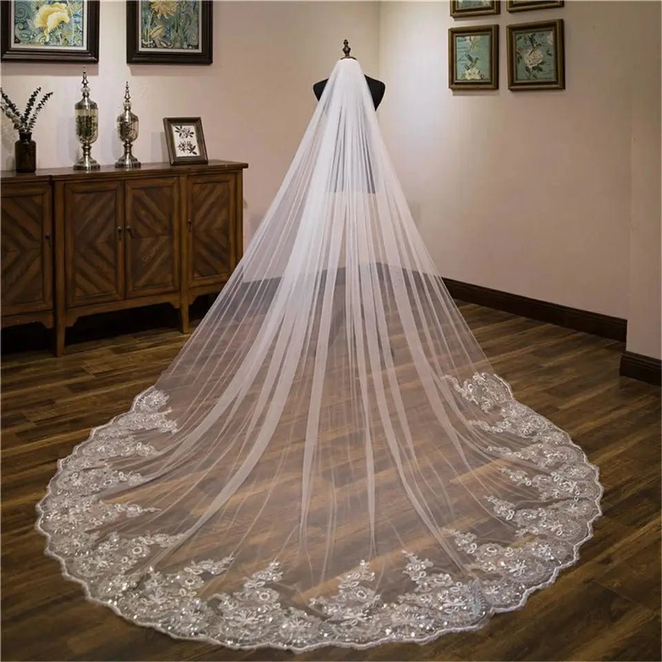 Sequin Lace Appliqué Cathedral Wedding Veil - Luzilly Bridal & Apparel