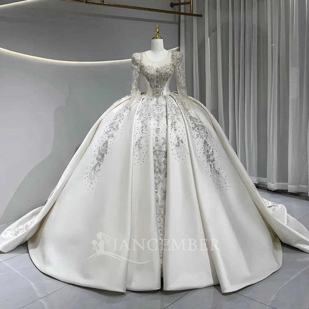 Sequin Long-Sleeve Ball Gown Wedding Dress with Court Train - Luzilly Bridal & Apparel