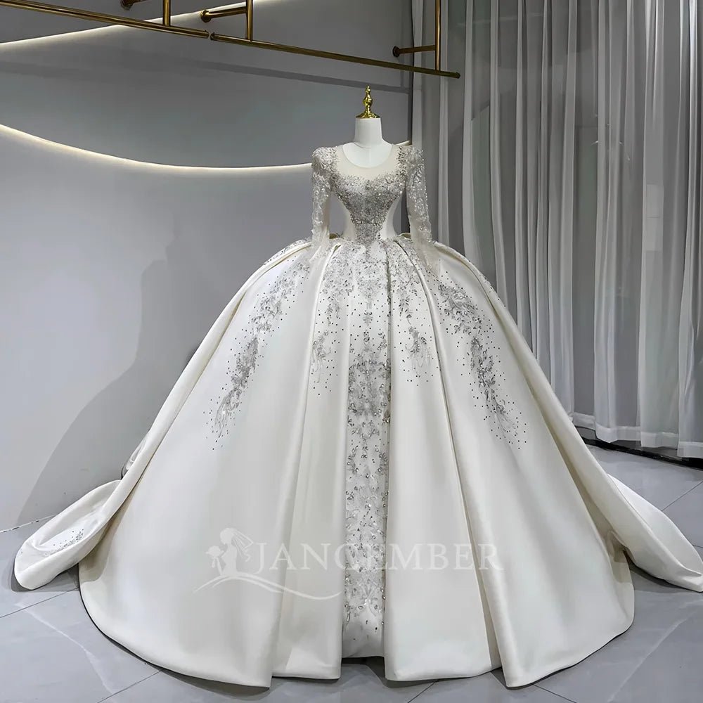 Sequin Long-Sleeve Ball Gown Wedding Dress with Court Train - Luzilly Bridal & Apparel