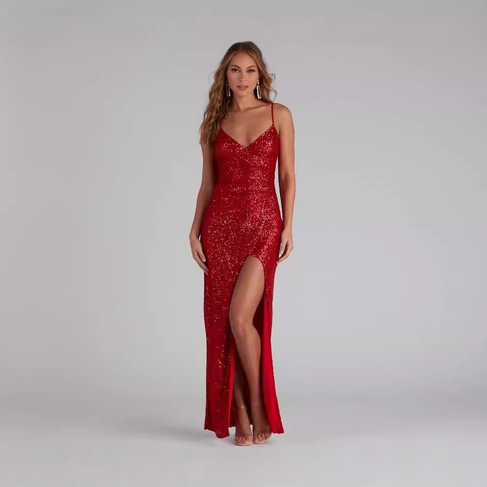 Sequin V-Neck Slip Evening Gown - Luzilly Bridal & Apparel