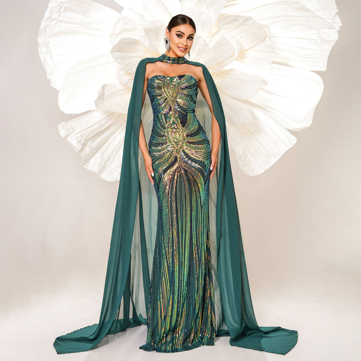 Sequined Cape Fishtail Bridesmaid Dress - Luzilly Bridal & Apparel