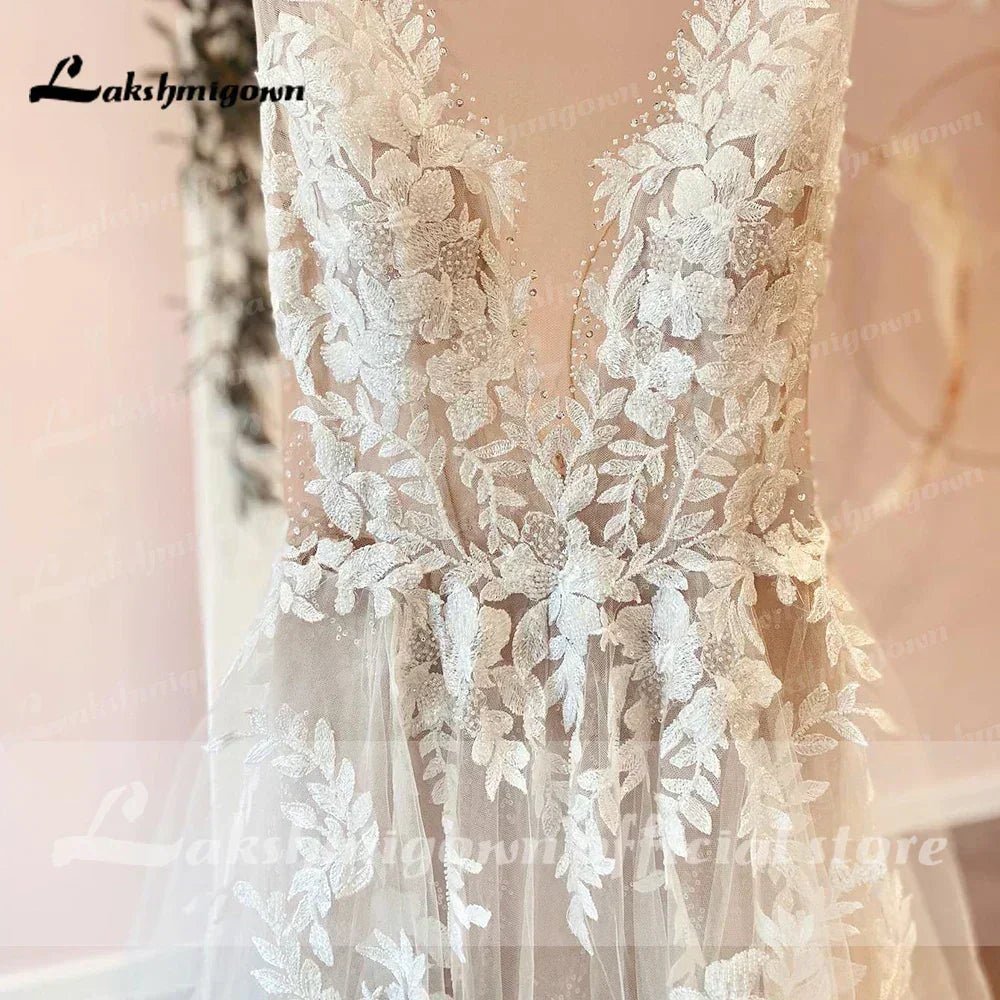 Sexy A-Line Backless Wedding Dress Customized Lace Applique Beaded Off White Tulle Wedding Gowns Trouwjurk Long Bridal Dress - Luzilly Bridal & Apparel
