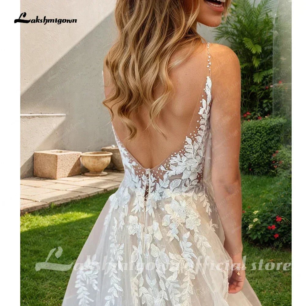 Sexy A-Line Backless Wedding Dress Customized Lace Applique Beaded Off White Tulle Wedding Gowns Trouwjurk Long Bridal Dress - Luzilly Bridal & Apparel