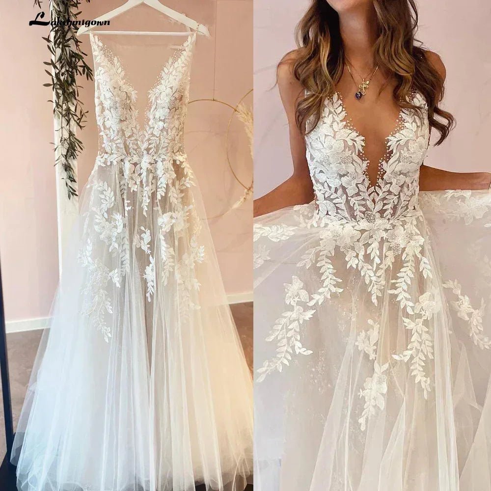 Sexy A-Line Backless Wedding Dress Customized Lace Applique Beaded Off White Tulle Wedding Gowns Trouwjurk Long Bridal Dress - Luzilly Bridal & Apparel