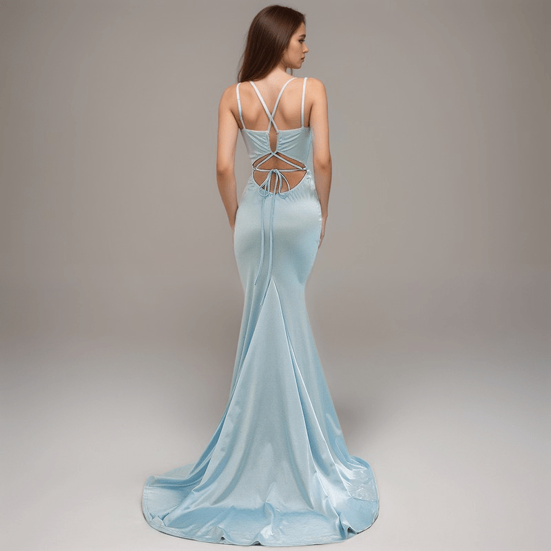 Sexy Deep V neck tie back mermaid silky satin prom dress - Luzilly Bridal & Apparel